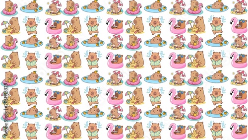 Фотография Cute seamless pattern with little bumblebees and colorful spring flowers includi