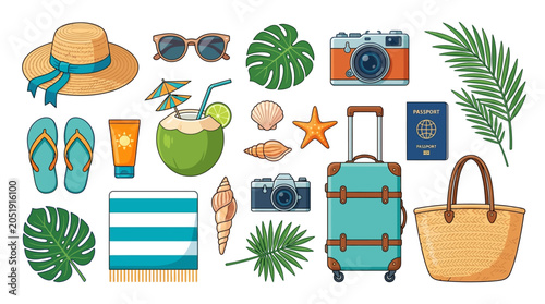 Tropical Summer Travel Essentials Collection Arranged for Vacation Preparation and Luxury Holiday Lifestyle Concept