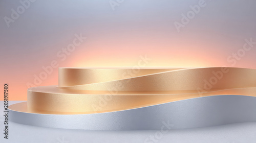 This image features a minimalist, multi-tiered display podium with a gold and silver finish, set against a soft, glowing gradient background.