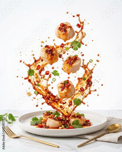 Fresh seared scallops flying with spicy chili oil sauce and cilantro leaves