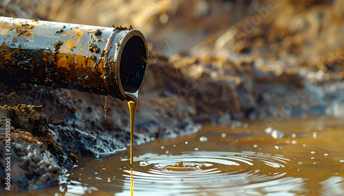 Rusty pipe dripping oil into murky water, environmental pollution concept.