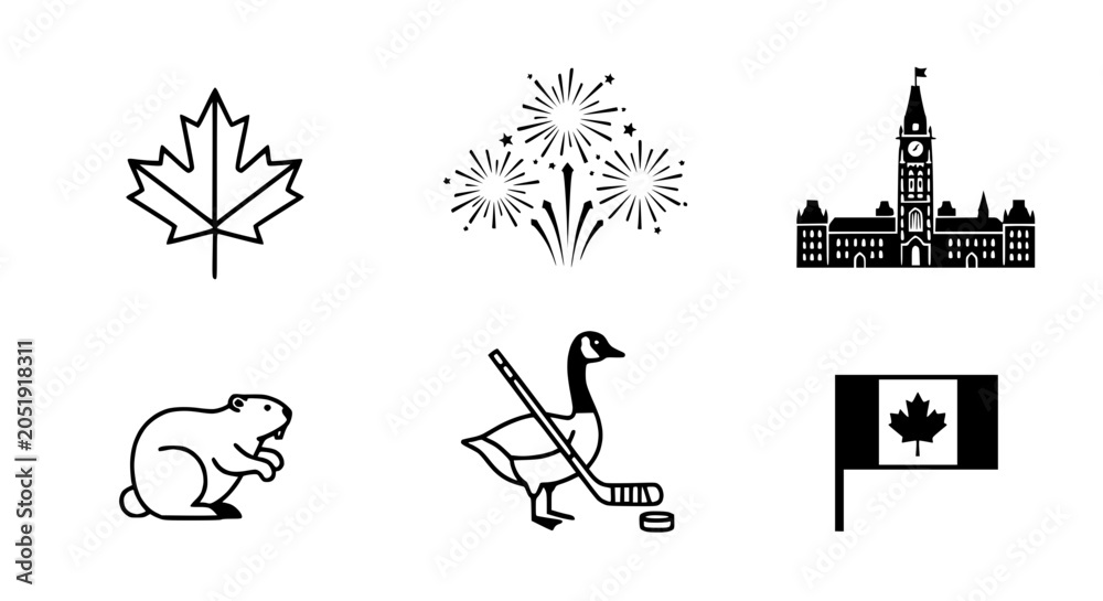 Fototapeta premium Canada Icons: Maple Leaf, Fireworks, Parliament, Beaver, Hockey, Flag