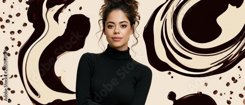 Elegant Woman with Coffee-Inspired Background Art