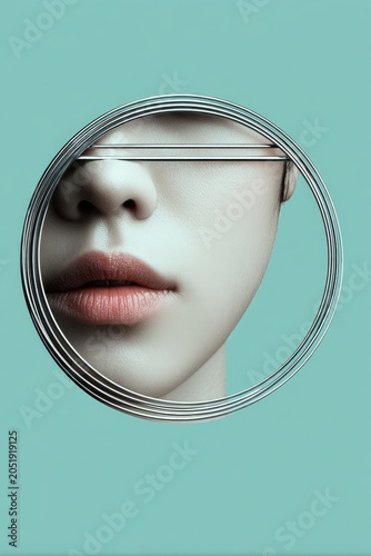 Minimalist Abstract Composition Featuring Woman's Lips with Circular Metal Frame on Teal Background