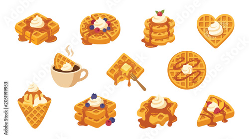 Fotografía Collection of delicious waffles with various toppings and syrup, presented in different shapes and styles