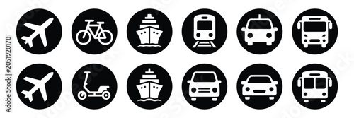 Fotografija Transportation Symbols, standard vehicle icons in black circles, public transit and travel signs, road, rail, air and marine transport vector illustration