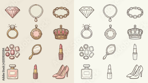 Bild auf Leinwand Collection of elegant feminine accessories and jewelry, including diamonds, rings, necklaces, bracelets, crowns, perfume, lipstick, and high heels