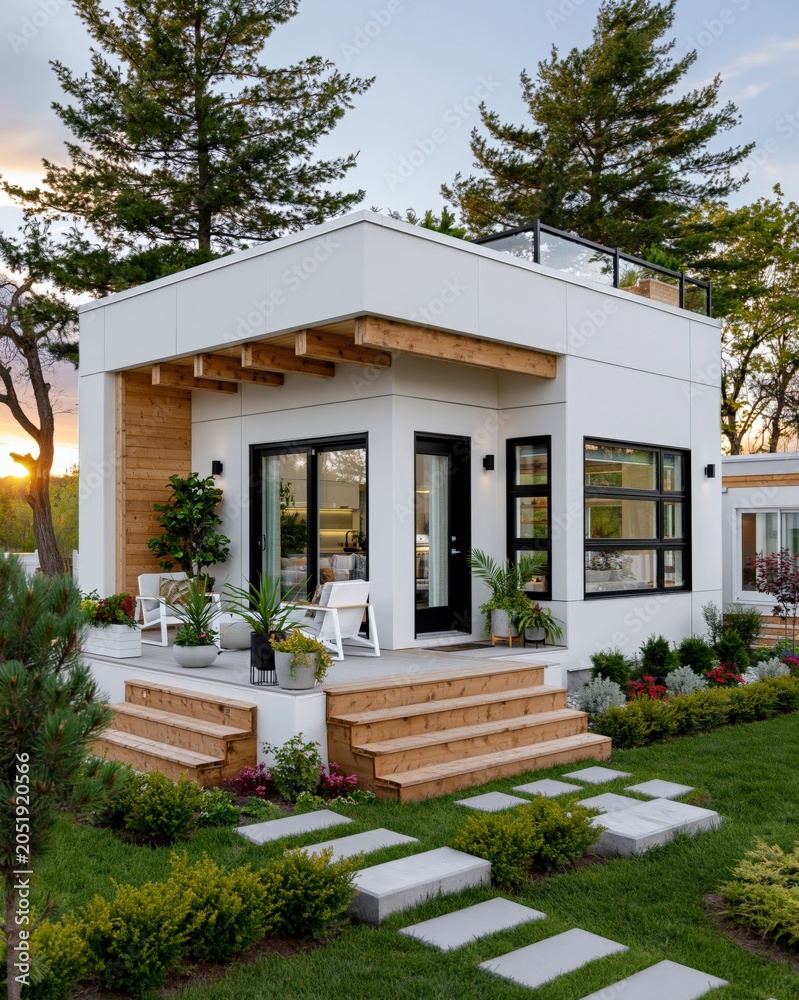 Fototapeta premium Modern minimalist white cube-shaped house with wooden accents and rooftop deck at sunset