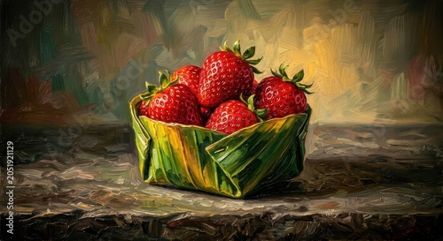 Fine Art Oil Painting of Fresh Red Strawberries in an Organic Leaf Basket, Expressive Still Life