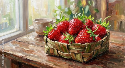 Still Life Oil Painting of Fresh Red Strawberries in a Woven Basket on a Rustic Wooden Table
