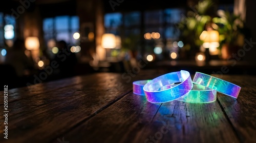 Glowing neon paper wristbands on a wooden table at a night event