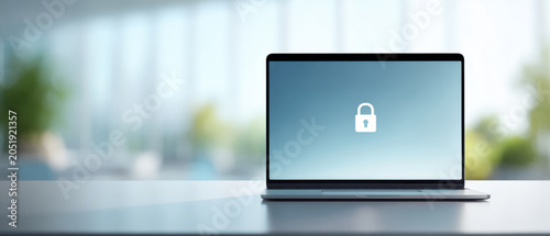 Laptop security laptop computer lock padlock privacy data protection screen desk modern clean office workspace technology cyber secure safety internet business background empty silver thin open