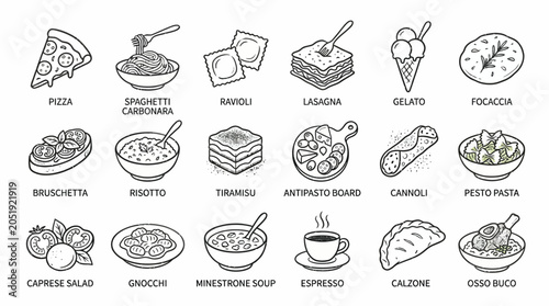 Collection of hand-drawn Italian food dishes and ingredients, presented in a clean, illustrative style.
