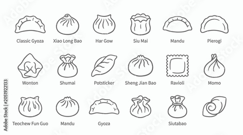 Collection of various types of dumplings and filled dough snacks in a simple line art style.