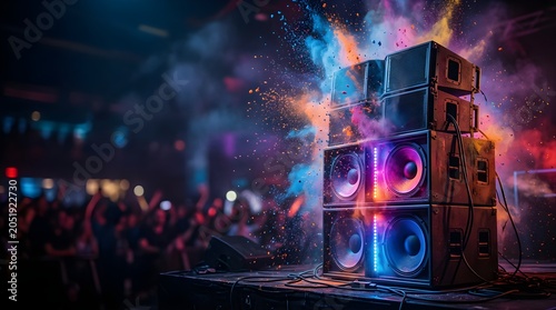 Loud sound speakers on music concert stage with powder paint explosion