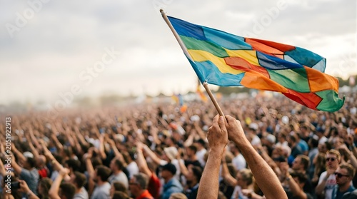 Person holding a colorful flag at a crowded music festival outdoors