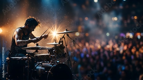 Professional drummer performing on stage at a live music concert event
