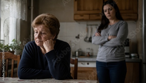 Sad elderly woman sitting at home while upset young woman stands behind her. Concept of World Elder Abuse Awareness Day, family conflict, neglect, strained relationship, lonely senior.