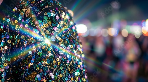 Shiny multicolored sequins on a jacket reflecting light at a music event