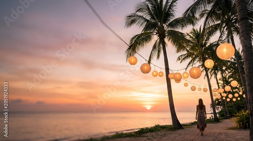 Woman walking on beach under glowing paper lanterns at sunset party