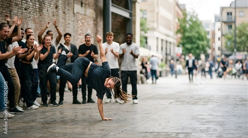 Young female breakdancer performing a one-handed freeze on a city street