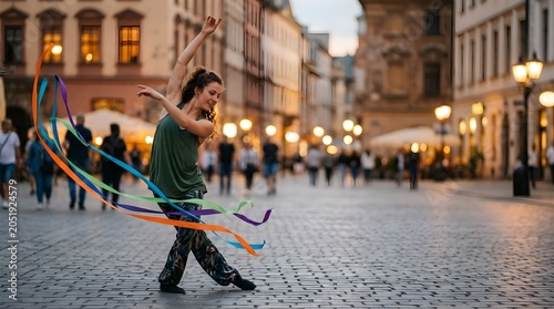 Young woman dancing with colorful ribbons on a city street at sunset