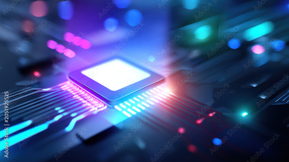 Fototapeta premium Illuminated chip with colorful glowing lines in dark circuit board technology background