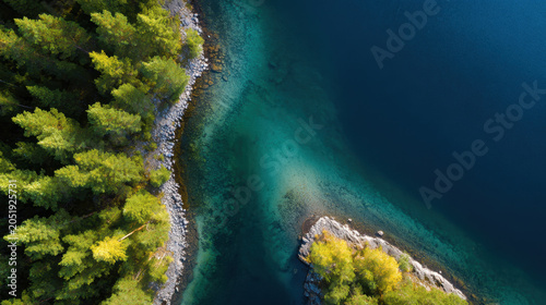 Aerial view of Nordic lake, pine forest coastline, clear blue water, rocky shore, turquoise shall