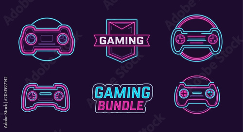 Neon gaming controllers and logo icons.