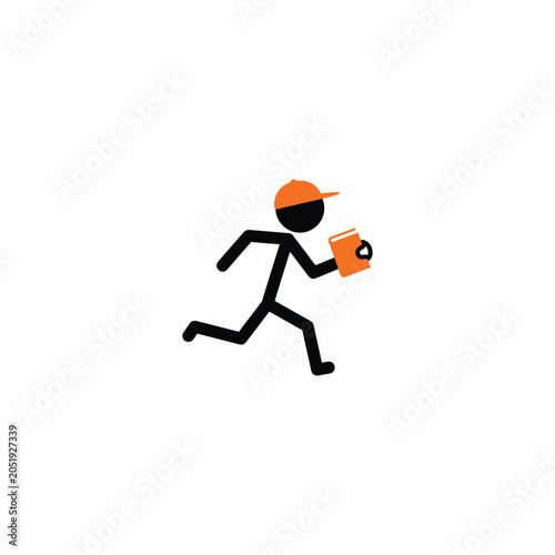 Foto Running Stickman Courier Wearing Cap and Carrying Book or Package for Fast Deliv