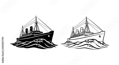 Obraz na plátně Ocean liner silhouettes on waves black and white graphic design