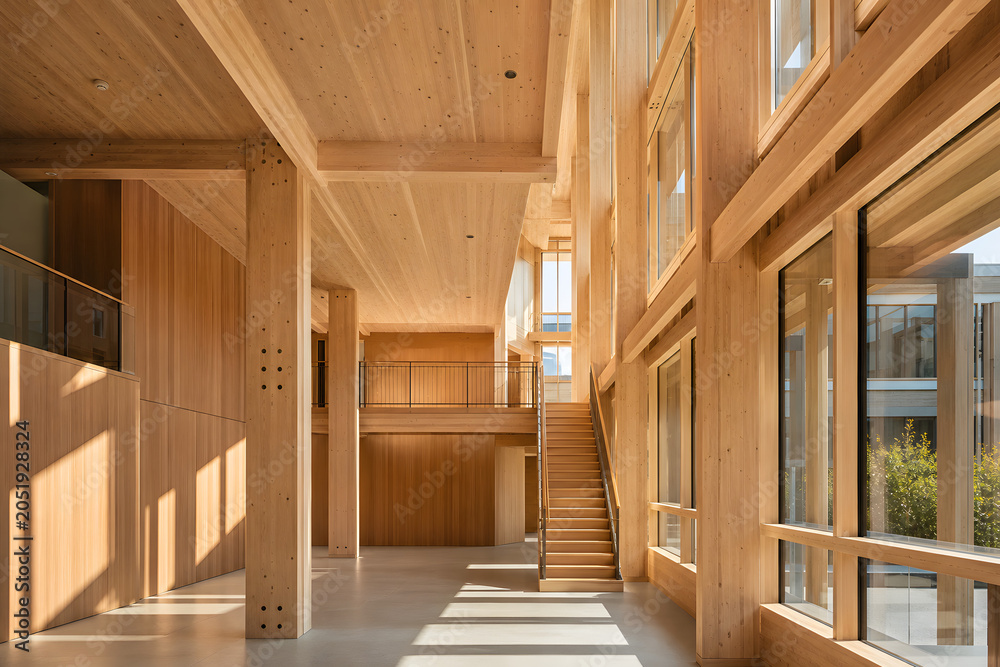 Naklejka premium Sunlit mass timber atrium with warm natural interior