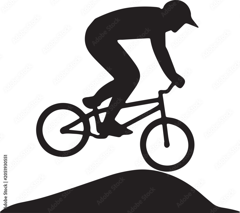 Naklejka premium Offroad mountain biker jumping over a hill silhouette in solid style on a on white background