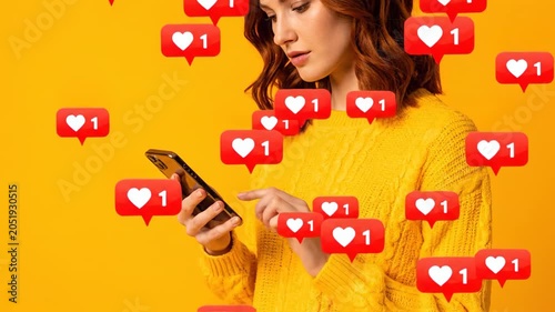 Woman Using Phone Getting Likes. Social Media Concept
