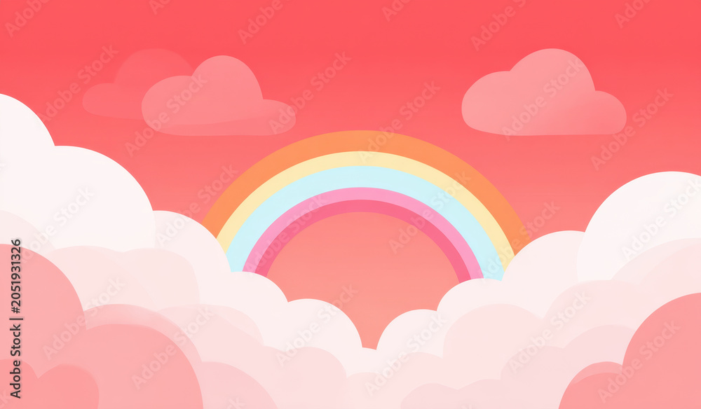 Fototapeta premium Cute cartoon background with cloud and rainbow, pink sky and soft pastel cloud scene