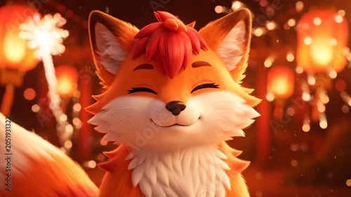 Joyful Fox Character Smiling Amidst Lanterns in Festive Setting