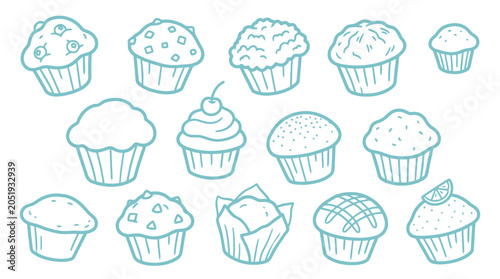 Tableau sur toile A collection of hand-drawn outline illustrations of various muffins and cupcakes, presented on a white background