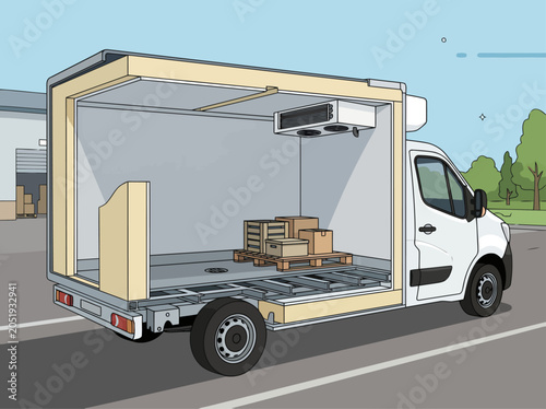 Canvastavla A refrigerated van body showcases thermal insulation and a cooling unit, ready to transport perishable goods