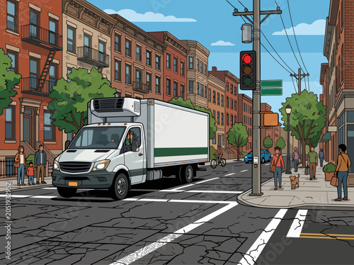 Tableau sur toile A refrigerated delivery van delivers Urban Fresh produce down a bustling city street