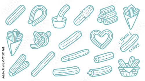 Canvastavla Collection of hand-drawn churros in various shapes and forms, including dipping sauce and packaging