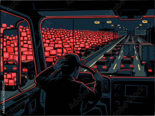 Foto A weary commercial fleet driver battles a massive traffic delay, highlighting the frustrations of long-haul transport