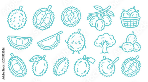 Foto Collection of stylized durian fruit icons and illustrations in a simple line art style