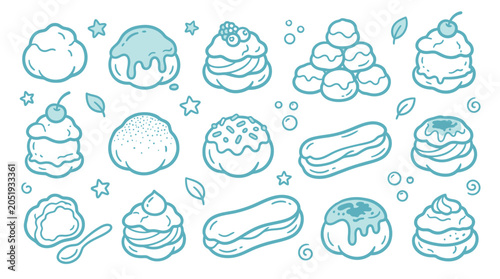 Foto A collection of delicious cream puffs and eclairs, hand-drawn in a charming doodle style with blue accents