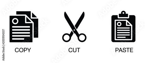 Copy Cut Paste Icons, minimalist vector symbols, document scissors and clipboard editing tools, black office interface design set.