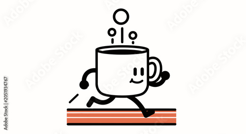 Coffee mug character running on a race track.