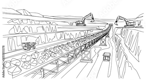 Open Pit Mine with Conveyor Belt, Excavators, and Dump Trucks