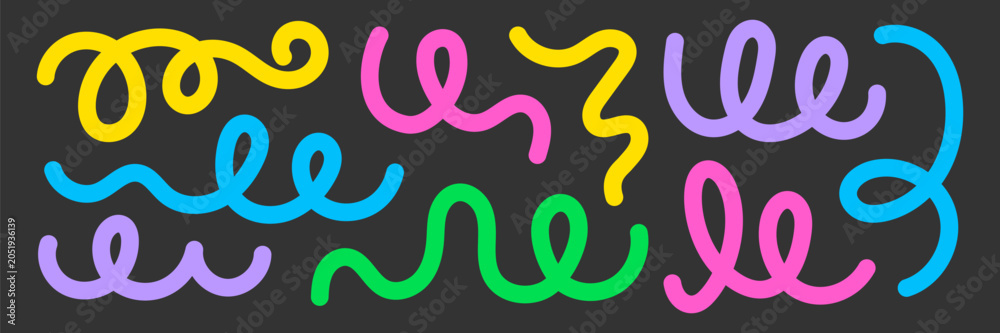 Fototapeta premium Line pattern shape abstract set. Hand drawn line pattern squiggle curve swirl with geometric wavy organic shape. Cute kid children confetti celebration carnival party background. Vector illustration