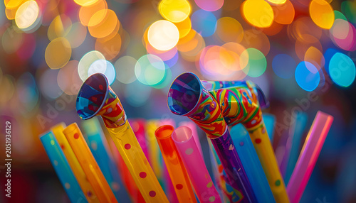 Colorful Party Blowers and Festive Bokeh Lights Background.
