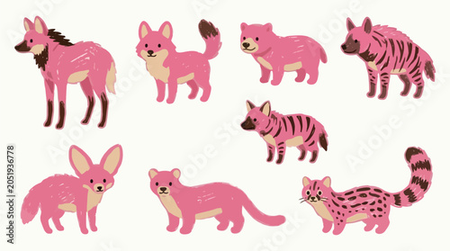 Fotografía A collection of cute, stylized pink cartoon animals including a hyena, fox, fennec fox, and other wild creatures