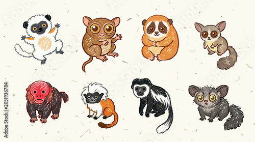 Photography Collection of cute cartoon primates including lemurs, tarsiers, lorises, and galagos